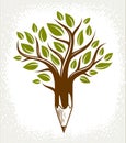 Beautiful tree with pencil combined into a symbol, creativity and ideas concept vector classic style logo or icon. Art and design