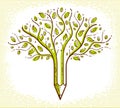Beautiful tree with pencil combined into a symbol, creativity and ideas concept vector linear style logo or icon. Art and design