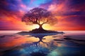 Beautiful tree in the sea against the backdrop of a colorful sky at sunset. Colorful reflections in water