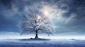 Beautiful tree in winter landscape in late evening in snowfall Royalty Free Stock Photo