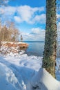 Beautiful trees and Lake Superior coastline in the cold and snow at Big Bay State Park - Madeline Island in Northern Wisconsin - s Royalty Free Stock Photo