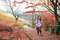 Beautiful trekking girl backpacker travel to japan in autumn on mount wakakusa, natural red leaves