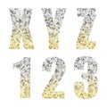 Beautiful trendy glitter alphabet letters and numbers with silver to gold ombre