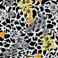 Beautiful and trendy Tropical summer floral safari leaves on exotic animal skin leopard prints ,hand drawn style background. Sea