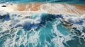 Beautiful Tropica Wave on Empty Beach Gold Sand Deep Blue Water Shoreline Aerial View Seascapes Generative AI