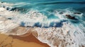 Beautiful Tropica Wave on Empty Beach Gold Sand Deep Blue Water Shoreline Aerial View Seascapes Generative AI