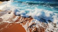 Beautiful Tropica Wave on Empty Beach Gold Sand Deep Blue Water Shoreline Aerial View Seascapes Generative AI