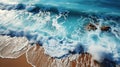 Beautiful Tropica Wave on Empty Beach Gold Sand Deep Blue Water Shoreline Aerial View Seascapes Generative AI