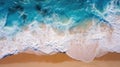 Beautiful Tropica Wave on Empty Beach Gold Sand Deep Blue Water Shoreline Aerial View Seascapes Generative AI