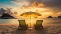 Beautiful tropical beach banner with two chairs and a yellow umbrella on a tropical island sunset Royalty Free Stock Photo