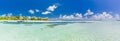 Beautiful tropical beach banner. White sand and coco palms travel tourism wide panorama background concept. Amazing beach view