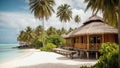 Beautiful tropical beach with bungalows and palm trees.