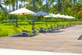 Beautiful tropical beach front hotel resort with swimming pool, umbrella, coconuts tree sun-loungers, palm trees during a warm sun Royalty Free Stock Photo