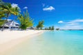 Beautiful tropical beach in Maldives with few palm trees and blue lagoon, amazing white beaches of Mauritius island. Tropical Royalty Free Stock Photo