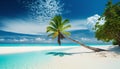 Beautiful tropical beach at Maldives with few palm trees and blue lagoon. Generative AI