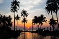 Beautiful tropical beach with palm trees silhouettes at dusk. Travel. Royalty Free Stock Photo