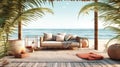 Beautiful tropical beach with palm trees and a sofa. Chill zone. Generative AI