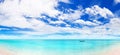 Beautiful tropical beach panorama, exotic island lagoon, boat on turquoise sea water, ocean waves, yellow sand, sun blue sky cloud Royalty Free Stock Photo