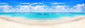 Beautiful tropical beach panorama, exotic island landscape, turquoise sea water, ocean waves, yellow sand, blue sunny sky, white c Royalty Free Stock Photo