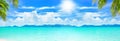 Beautiful tropical beach panorama, exotic island panoramic view, turquoise sea water, ocean waves, sand, green palm tree leaves Royalty Free Stock Photo