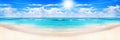 Beautiful Tropical Beach Panoramic View, Turquoise Sea Water, Ocean Waves, Yellow Sand, Sun Blue Sky White Clouds, Summer Holidays