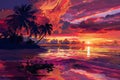 Beautiful Tropical Beach Scenery at Dawn or Dusk Hand Drawn Painting Illustration Royalty Free Stock Photo