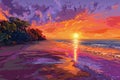 Beautiful Tropical Beach Scenery at Dawn or Dusk Hand Drawn Painting Illustration Royalty Free Stock Photo