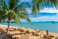 Beautiful tropical beach sea and ocean with coconut palm tree  and umbrella and chair on blue sky and white cloud Royalty Free Stock Photo