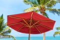 Beautiful tropical beach sea ocean with umbrella and chair around coconut palm tree on blue sky Royalty Free Stock Photo