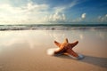 Beautiful tropical beach with a starfish. Conceptual summer illustration. Generative AI