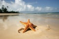 Beautiful tropical beach with a starfish. Conceptual summer illustration. Generative AI