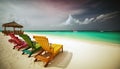 Beautiful tropical beach with white sand, colorful sun loungers and umbrellas. AI generated illustration Royalty Free Stock Photo