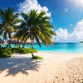 Beautiful tropical beach with white sand, turquoise ocean on background blue sky with clouds Royalty Free Stock Photo