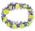 Beautiful tropical border. Vivid yellow and green lemon slices and purple exotic palm leaves isolated on white background.