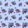 Beautiful tropical bright background. Seamless branches pattern violet, purple orchids. Repeating texture with floral branches and