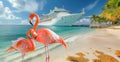 Tropical Flamingo on the Sandy Shore with Docked Cruise Ship in the Background