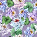 Beautiful tropical floral seamless pattern. Large blue and purple lotus flowers with leaves on light purple background. Royalty Free Stock Photo