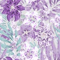 Beautiful tropical floral vector seamless pattern with Purple and white flowers with leaves on gray background Royalty Free Stock Photo