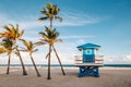 Beautiful tropical Florida landscape with palm trees and a blue lifeguard house. Typical American beach ocean scenic view with Royalty Free Stock Photo