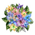 Beautiful tropical flowers bright aquilegia and monstera leaves. Round bunch of columbine flowers and exotic leaves.