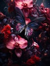 Beautiful tropical flowers and butterfly on dark background. Floral background Royalty Free Stock Photo