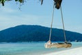 Beautiful tropical island beach with coconut palm trees and swing under trees. Swing hang on big tree over beach sea Royalty Free Stock Photo