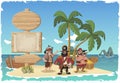 Beautiful tropical island with cartoon pirates. Royalty Free Stock Photo