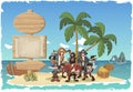 Beautiful tropical island with cartoon pirates. Royalty Free Stock Photo