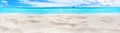 Beautiful tropical island panorama, white sand beach, turquoise sea water, ocean waves, sun blue sky clouds, blurred background Royalty Free Stock Photo