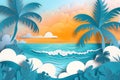 Beautiful tropical landscape of beach in rays of the setting sun: picturesque palm trees, playing waves, light clouds papercut Royalty Free Stock Photo