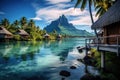 Beautiful tropical landscape with water bungalows and palm trees, Bora Bora landscape