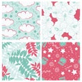 Beautiful tropical leaves and sky full of stars kids seamless pattern design set Royalty Free Stock Photo
