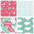 Beautiful tropical leaves and sky full of stars kids seamless pattern design set Royalty Free Stock Photo