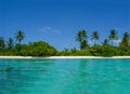 Beautiful tropical Maldives island with beach, ocean and coconut palm tree on blue sky for nature holiday vacation background.